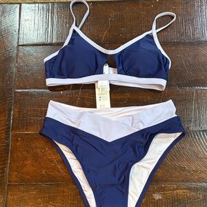 Navy & Lavender Trim Bikini Set - Women's Two-Piece Swim Sm Top/Med Bottom